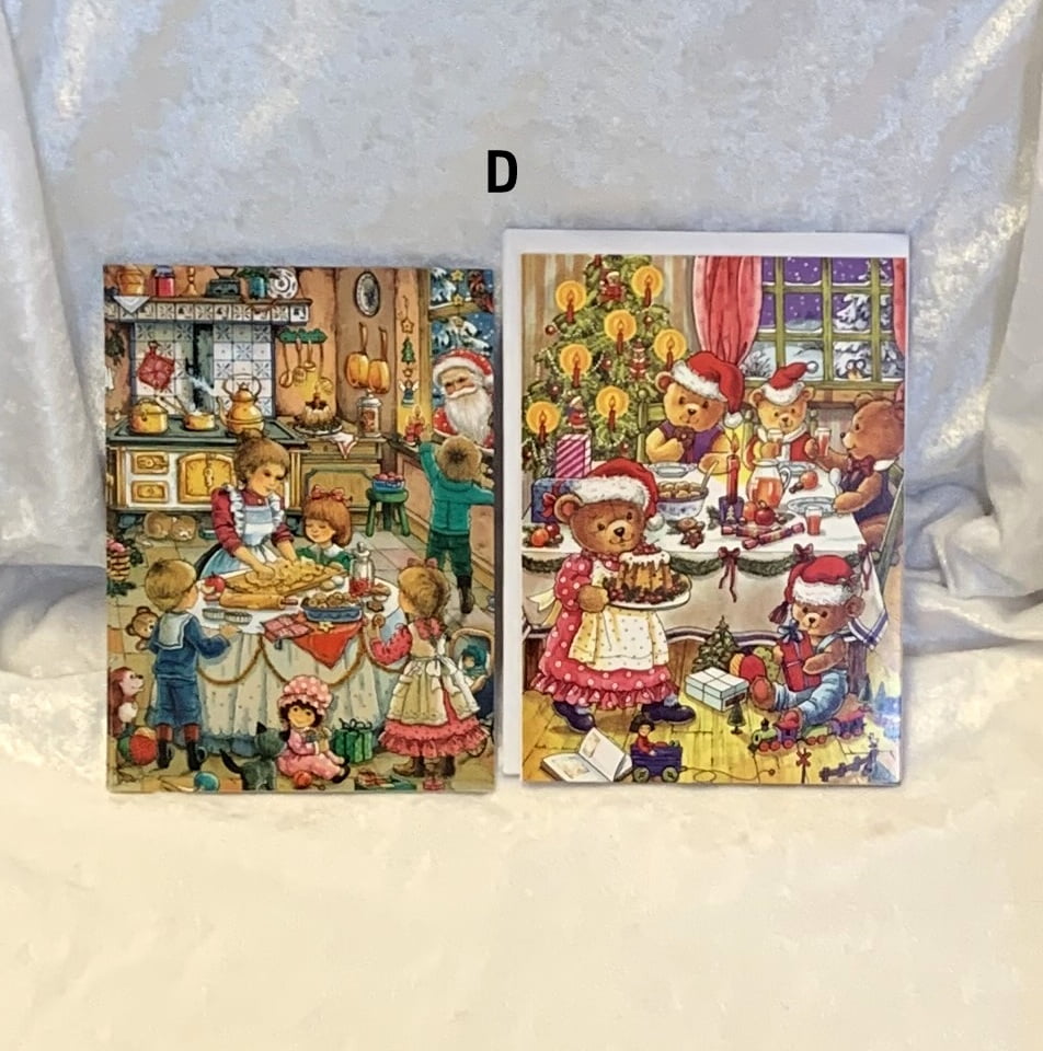 4 styk dobbelte julepostkort med kuverter med bamse og børn