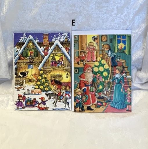 4 styk dobbelte julepostkort med kuverter stalde og dyr og julemand