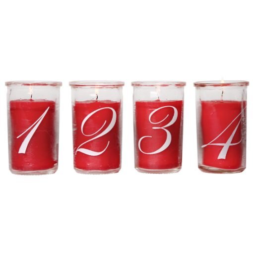 Adventskerzen im Glas 4 Stück rot mit weißen schrägen Zahlen von 10 Zentimetern