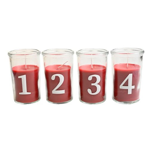 adventslys i glas 4 styk røde med hvide tal på 10 centimeter
