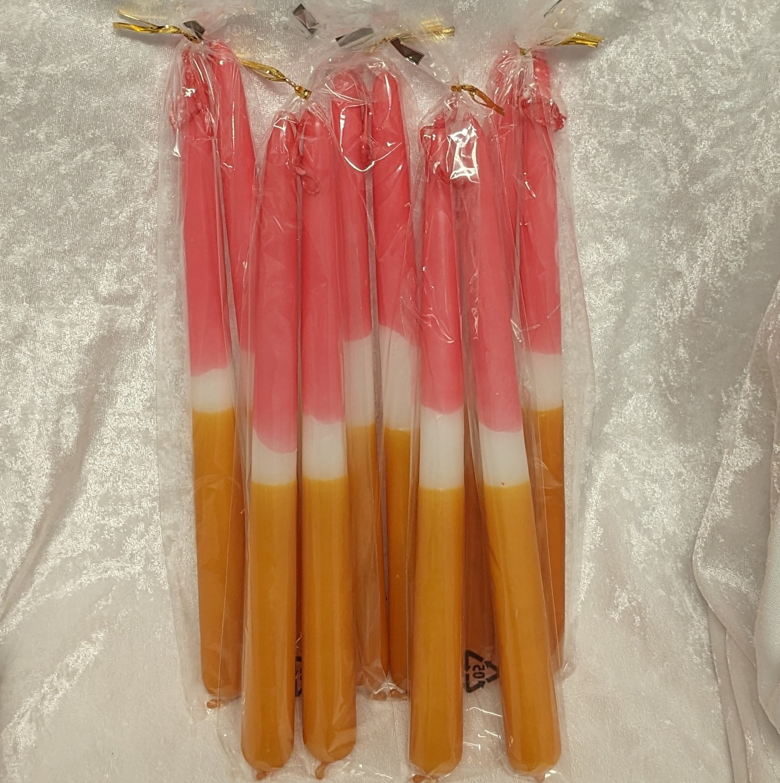 trefarvede dyppede stagelys i farverne cheddar, hvid og pink på 30 centimeter køb 5 par