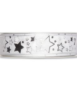 Zierband mit Faden in weiß mit silbernen Sternen 25 Millimeter x 25 Meter