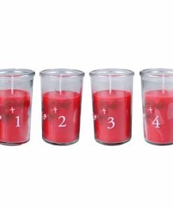Adventskerzen im Glas 4 Stück rot mit Tannenzweig mit Herzen und Fähnchen