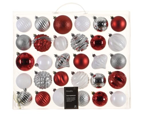 30 styk plastik julekugler ø7 i et mix af hvid, rød, og sølv