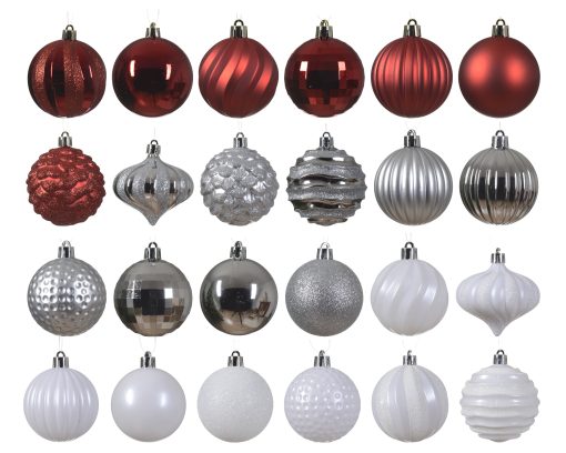 Kunststoff-Weihnachtskugeln weiß, rot und silber in Farbreihenfolge dargestellt 30 Stück ø7