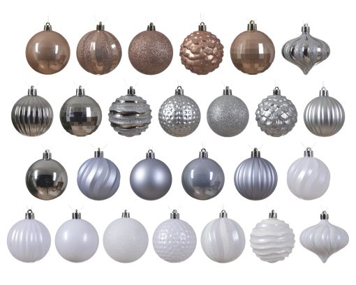 Kunststoff-Weihnachtskugeln Weiß, Gold und Silber in der Farbreihenfolge dargestellt 30 Stück ø7