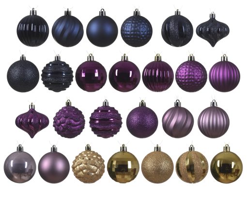 Kunststoff-Weihnachtskugeln dunkelviolett, blau und gold in der Farbreihenfolge dargestellt 30 Stück ø7