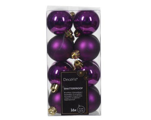 dunkelviolette Weihnachtskugeln aus Kunststoff, 16 Stück mit 8 matten und 8 glänzenden ø4