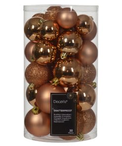 Box mit 30 einfarbigen Weihnachtskugeln mit drei verschiedenen Oberflächen in Kupfer