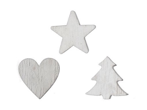 hjerte, stjerne og juletræ i hvid træ med diameter 2,5 centimeter
