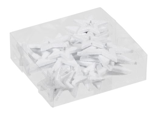 24 Kunststoffsterne mit Glitzer und Loch in der Mitte in Weiß