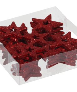 24 styk plastik stjerner med glitter og hul i midten i rød