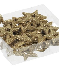 24 styk plastik stjerner med glitter og hul i midten i guld