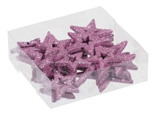 24 styk plastik stjerner med glitter og hul i midten i lyserød