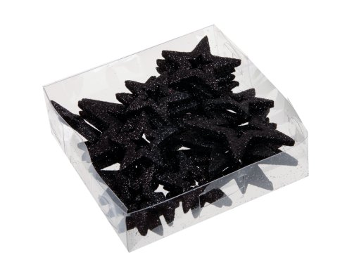 24 Stück Kunststoffsterne mit Glitzer und einem Loch in der Mitte in Schwarz