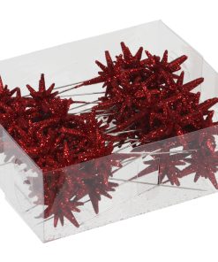 36 styk plastik 3d mini stjerner med glitter på nål i rød 3 centimeter