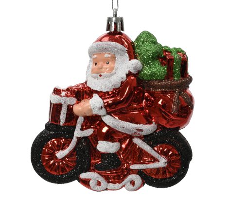 Weihnachtskugelfigur aus Kunststoff mit glitzerndem Weihnachtsmann auf einem Motorrad von 3,3 Zentimetern