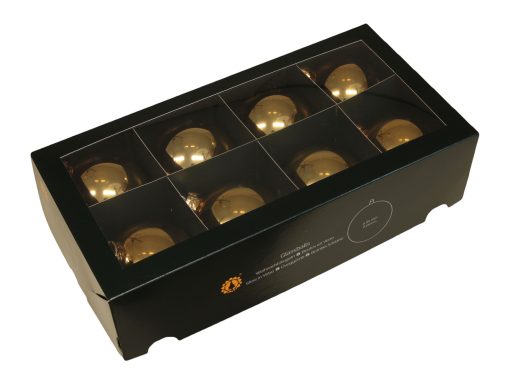 8 styk blanke guld glas julekugler med en diameter på 80 millimeter