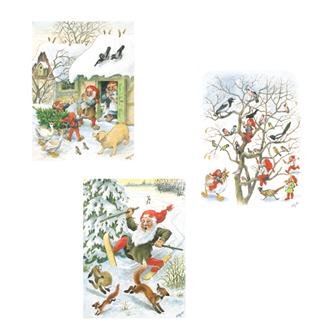 6 Stück Vilhelm Hansen Weihnachtskarten mit Elfen und Tieren in einer Winterlandschaft