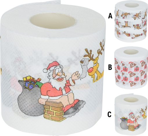 rulle med 30 meter toiletpapir med julemotiv af sjove rensdyr