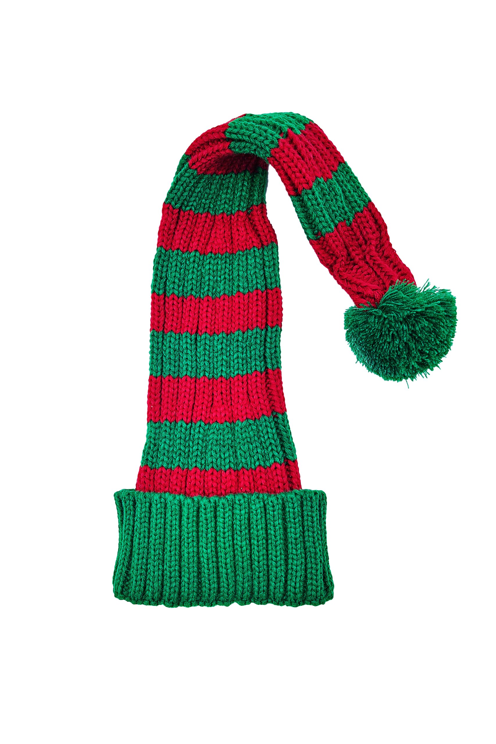 70 centimeter lang stribet strikket nissehue i grøn og rød