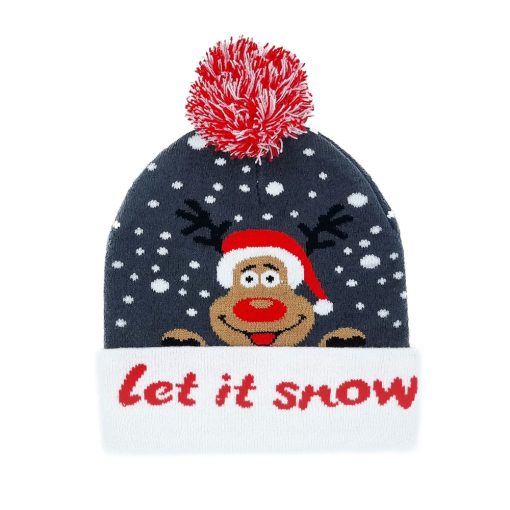 Graublaue Beanie-Mütze mit Rentier mit „let it snow“ und Links