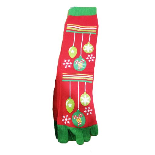Zehensocken in Rot mit grünen Zehen und Rippenmuster mit Weihnachtsmotiv