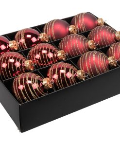 12 styk mørkerøde glas julekugler ø75 med cirkel mønster