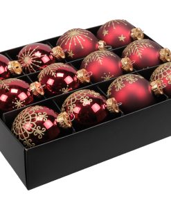 12 styk mørkerøde glas julekugler ø75 med netmønster