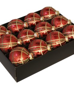 12 styk røde glas julekugler ø75 med ternet mønster