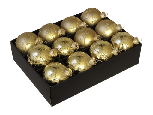 12 Stück goldene Weihnachtskugeln aus Glas ø75 mit Eiskristall