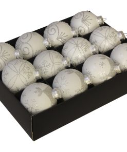 12 styk arktisk hvide glas julekugler ø75 med iskrystal