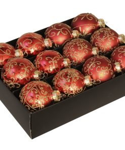 12 styk røde glas julekugler ø75 dekoration med snirkler