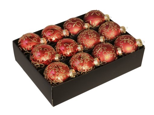 12 styk røde glas julekugler ø75 dekoration med snirkler