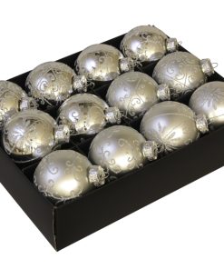 12 styk sølv glas julekugler ø75 med snirkler