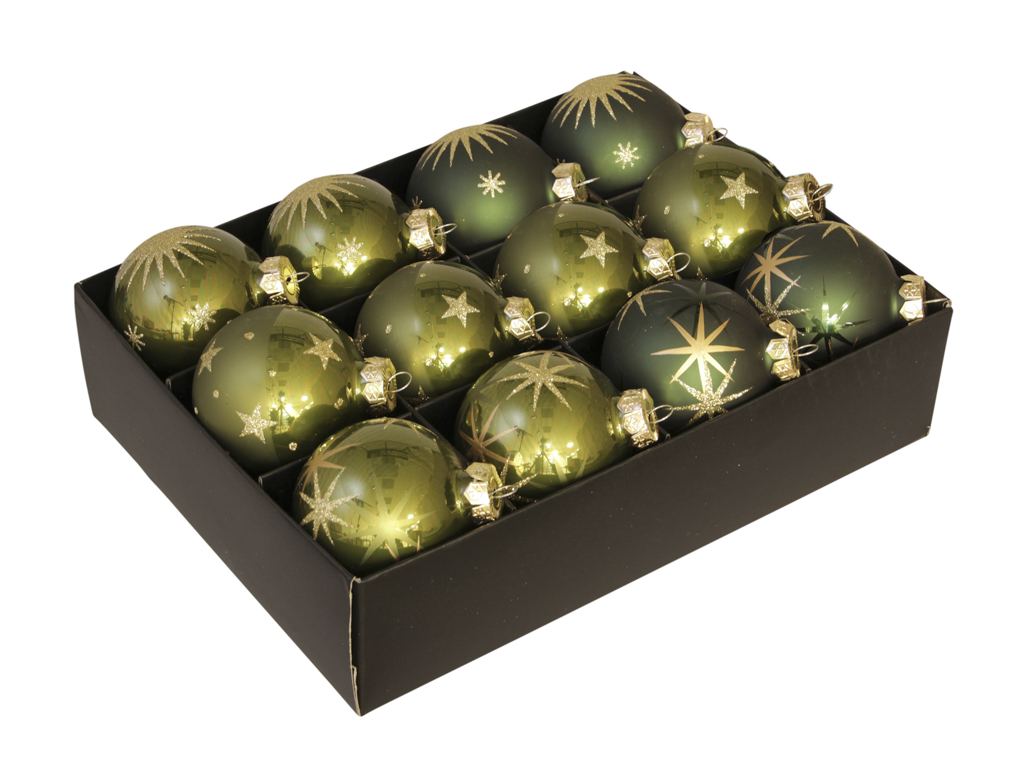12 styk grønne glas julekugler ø75 med stjernemønster