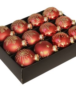 12 styk røde glas julekugler ø75 med netmønster