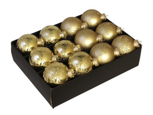 12 Stück goldene Glas-Weihnachtskugeln ø75 mit Netzmuster