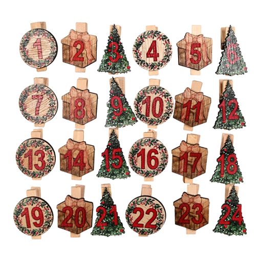 Klammern für Paketkalender mit Zahlen von 1-24 mit Weihnachtsbaum, Geschenk und Kranz