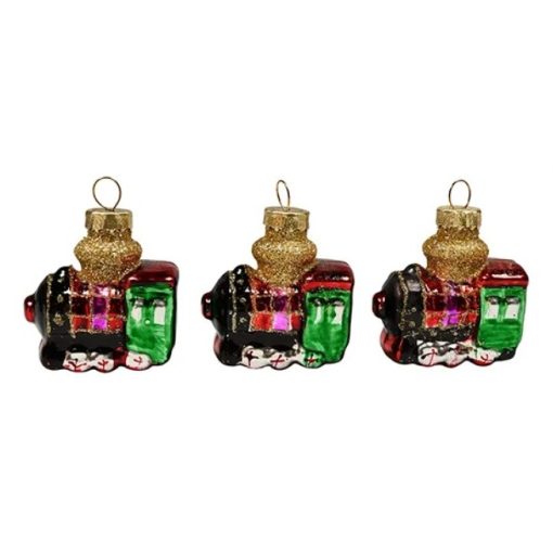 tre julekugle figurer med tog i flotte farver og med glimmer