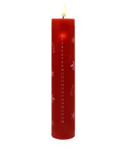 led kalenderlys i rød på 5 x 24,5 centimeter med 3d flamme og fjernbetjening